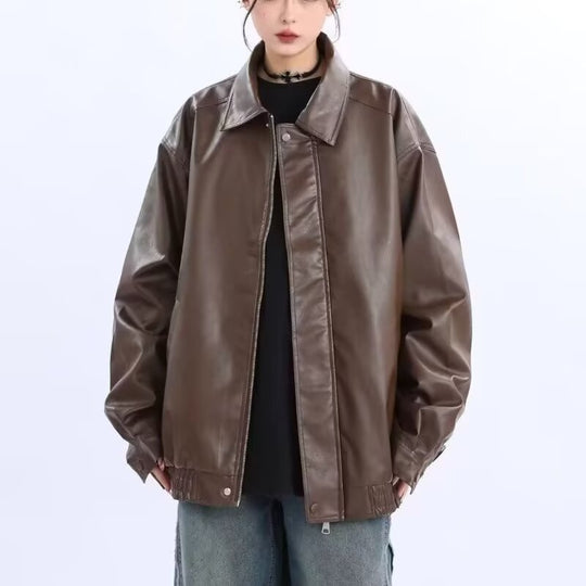 Damen Oversized Kunstleder-Blouson mit elastischem Saum und Hemdkragen Nord Taschen