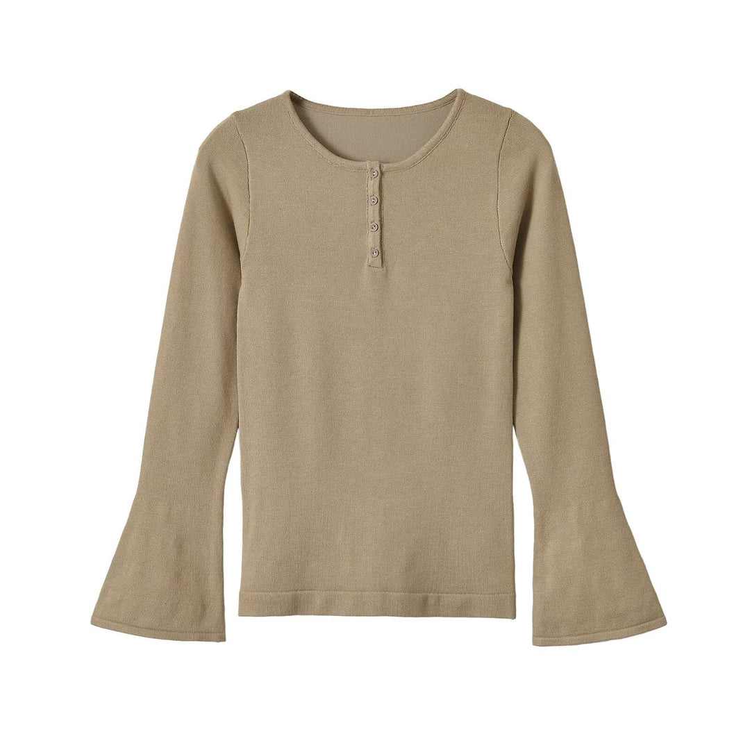 Damen Feinstrick-Longsleeve mit Henley-Knopfleiste und ausgestellten Trompetenärmeln Nord Taschen