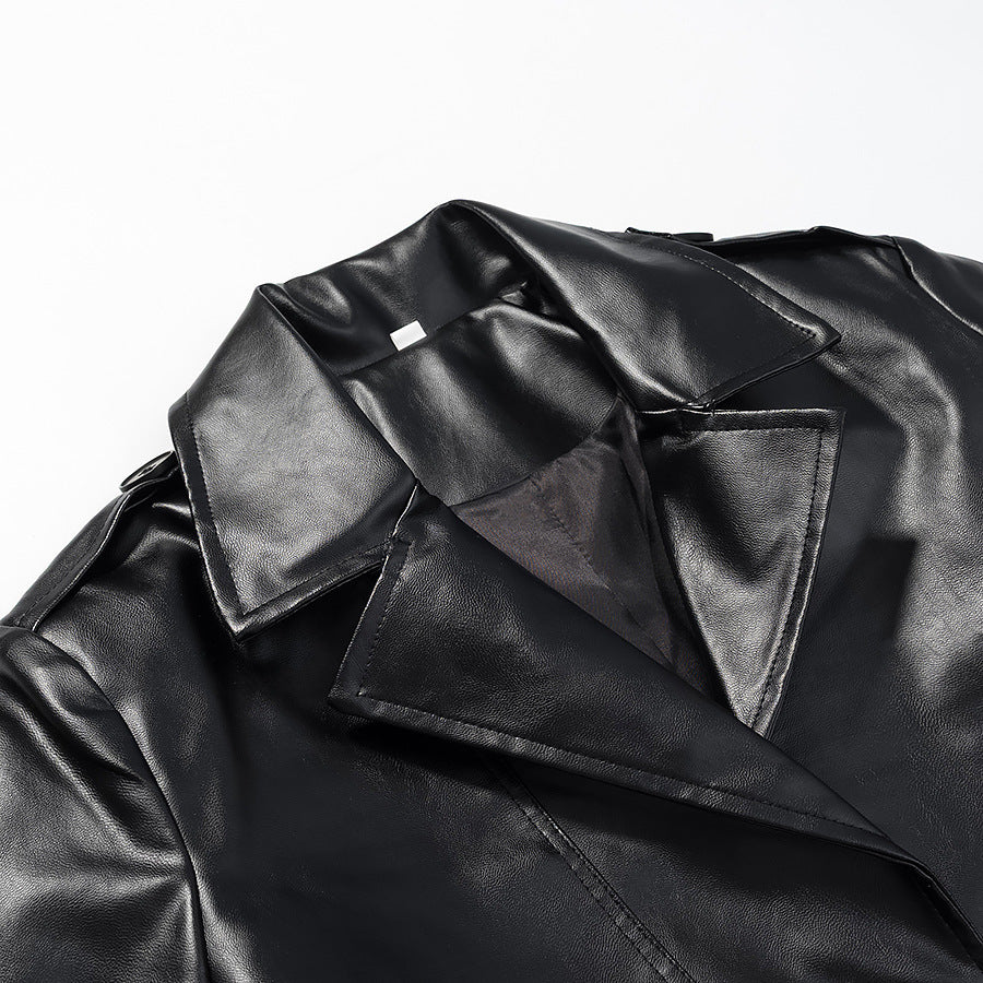 Damen Langer Kunstleder-Trenchcoat mit Taillengürtel und Epauletten Nord Taschen