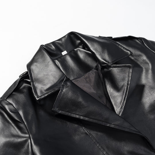 Damen Langer Kunstleder-Trenchcoat mit Taillengürtel und Epauletten Nord Taschen