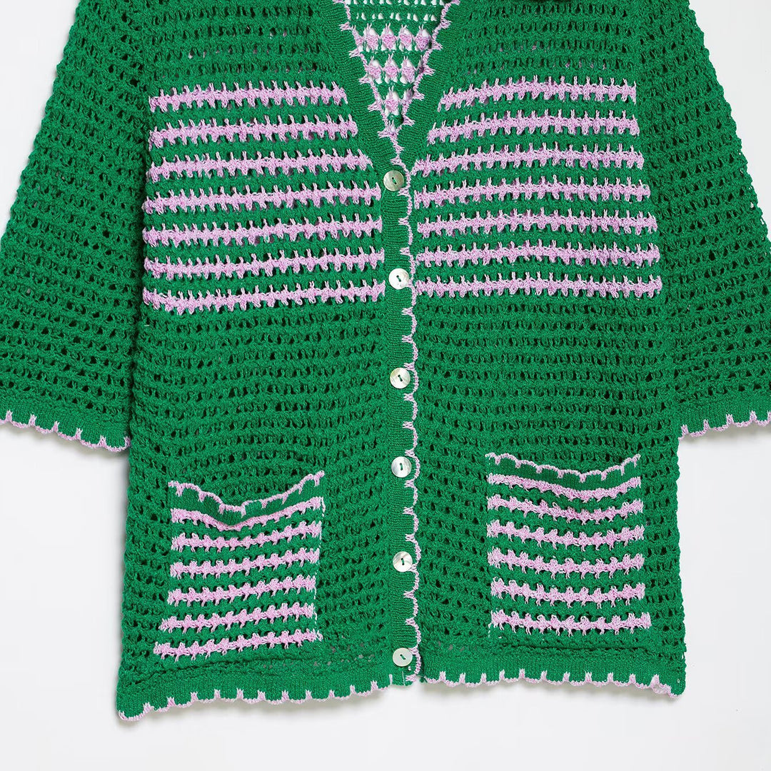 Damen Häkelstrickjacke mit kurzem Arm, Knopfleiste und Vintage-Kragen Nord Taschen