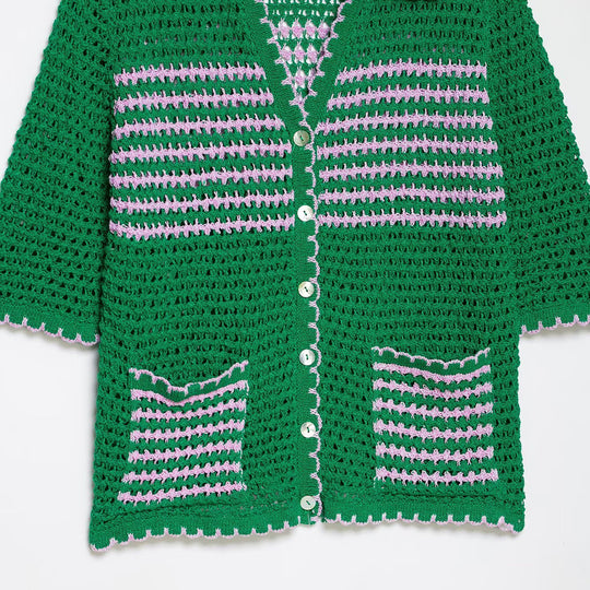 Damen Häkelstrickjacke mit kurzem Arm, Knopfleiste und Vintage-Kragen Nord Taschen