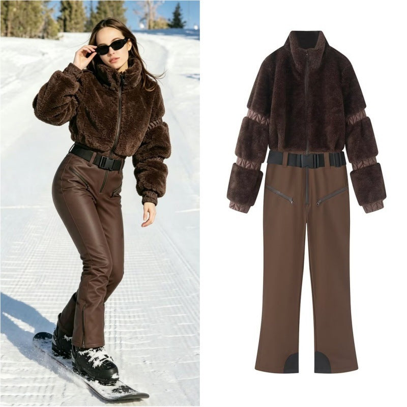 Damen Winterlicher Utility-Overall mit Teddyjacke, hohem Bund und Gurt Nord Taschen