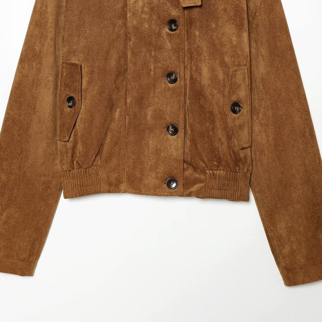 Damen Kurzblouson aus Velours‑Suede mit Knopfleiste, verdecktem Reißverschluss und elastischem Saum Nord Taschen