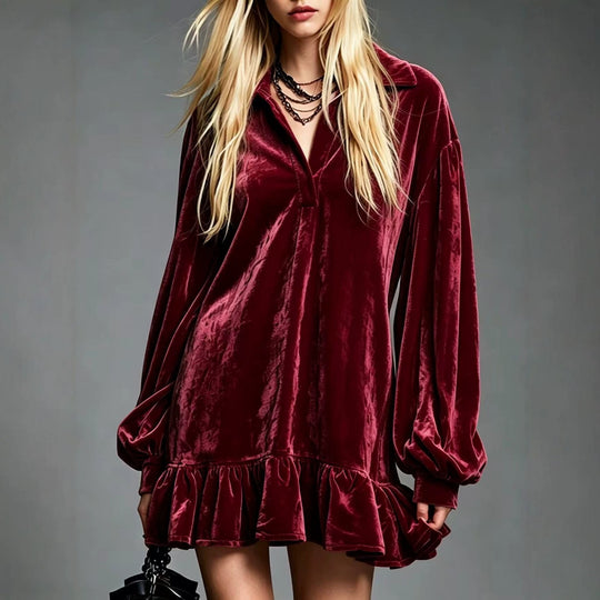 Damen Samt-Minikleid mit Volant-Saum, Ballonärmeln und Hemdkragen Nord Taschen