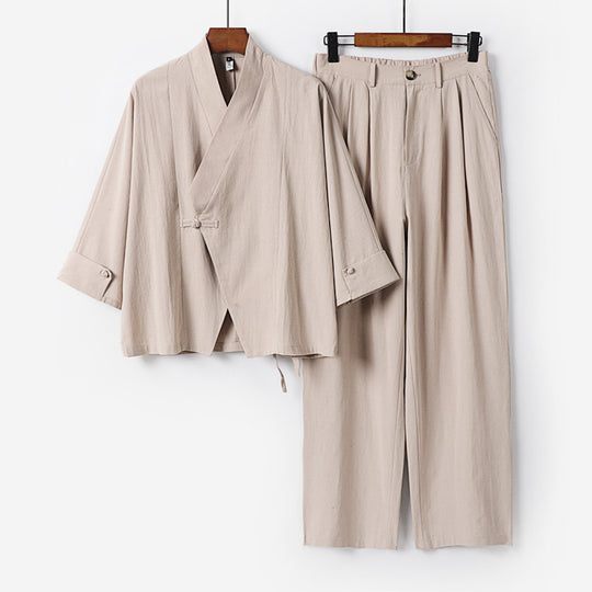 Herren Modernes Zen-Loungewear-Set aus Leichtem Material mit Kurz-Kimono und tailliert-zulaufender Bundhose Nord Taschen