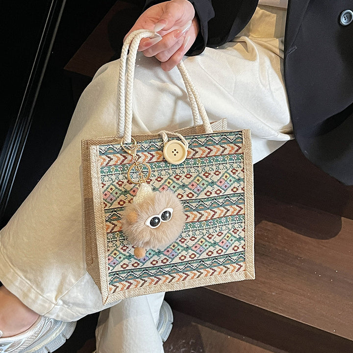 Damen Jute-Tragetasche mit dekorativem Ethno-Muster Nord Taschen