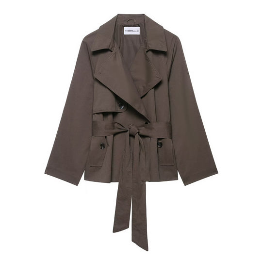 Damen 300+ kurzer Cropped‑Trenchblouson mit weiten Revers, Bindegürtel und Pattentaschen Nord Taschen