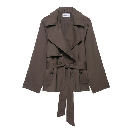 Damen 300+ kurzer Cropped‑Trenchblouson mit weiten Revers, Bindegürtel und Pattentaschen Nord Taschen