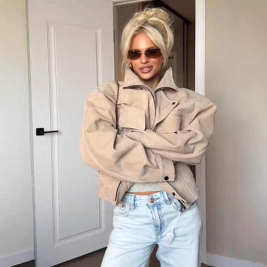 Damen Oversize Wildlederoptik Jacke mit Pattentaschen und Stehkragen Nord Taschen