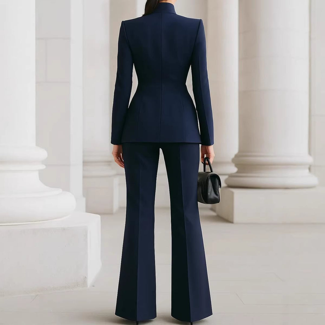 Damen Taillierter Blazer mit Stehkragen und High‑Waist ausgestellte Hose Nord Taschen