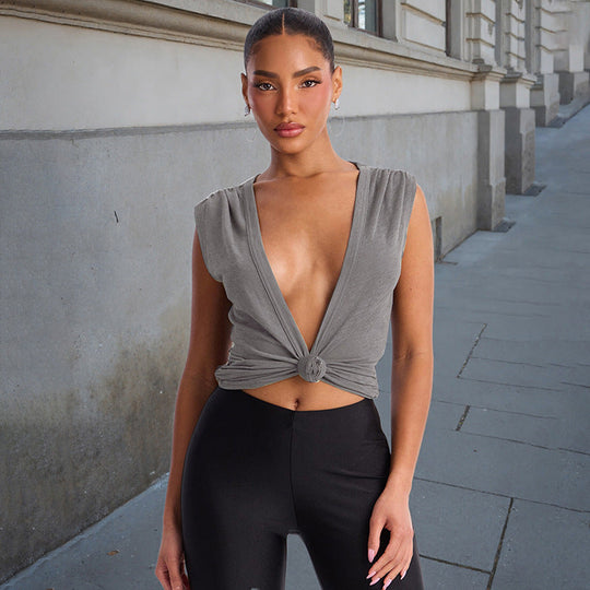 Damen Stylishes Wickeloberteil mit tiefem V-Ausschnitt und Knoten-Detail