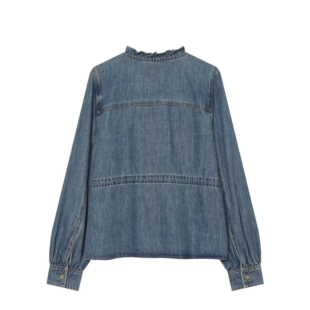Damen Jeansbluse mit Volantknopfleiste, Tunnelzug‑Taillierung und Rüschkragen Nord Taschen