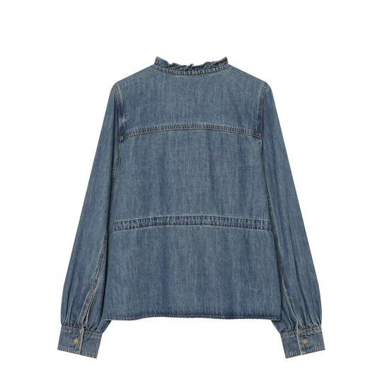 Damen Jeansbluse mit Volantknopfleiste, Tunnelzug‑Taillierung und Rüschkragen Nord Taschen