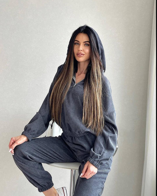 Damen Cordstoff Loungewear-Set mit Kapuzenpullover und Jogginghose Nord Taschen
