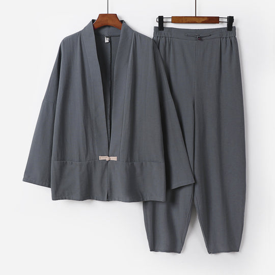 Herren Zen-Relax-Set mit offener Kimono-Jacke, dekorativem Knebelverschluss und tapered Harem-Joggpants Nord Taschen