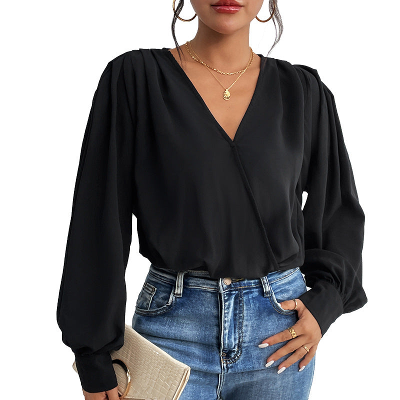 Damen Leichte Wickelbluse mit V-Ausschnitt, gerafften Schultern & Ballonärmeln Nord Taschen