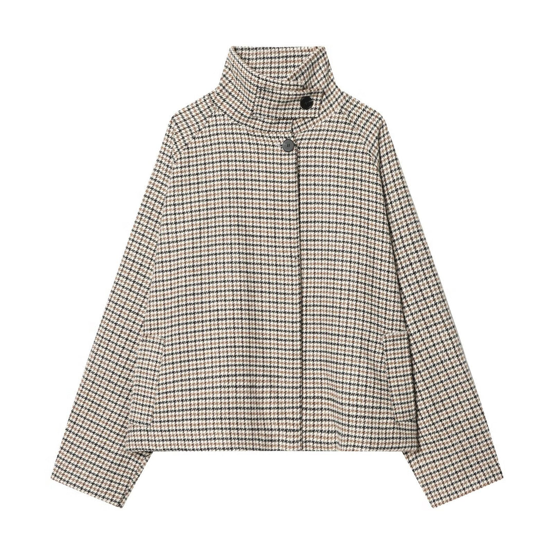 Damen Kurzjacke im Hahnentritt‑Muster mit hohem Stehkragen und Oversize‑Raglanärmeln Nord Taschen
