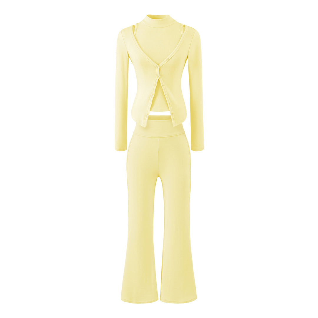 Damen Figurbetontes Layering-Set mit Rollkragen-Longsleeve und asymmetrischer Knopfjacke und ausgestellter High-Waist Hose Nord Taschen