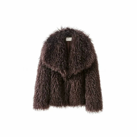 Damen Kurzjacke aus langflorigem Kunstpelz mit extra breitem Schalkragen Nord Taschen