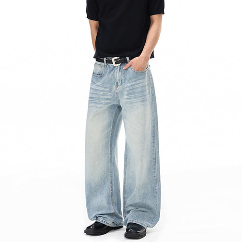 Herren Weitfallende Loose-Palazzo-Denimjeans mit tiefem Schritt und heller Used-Waschung Nord Taschen