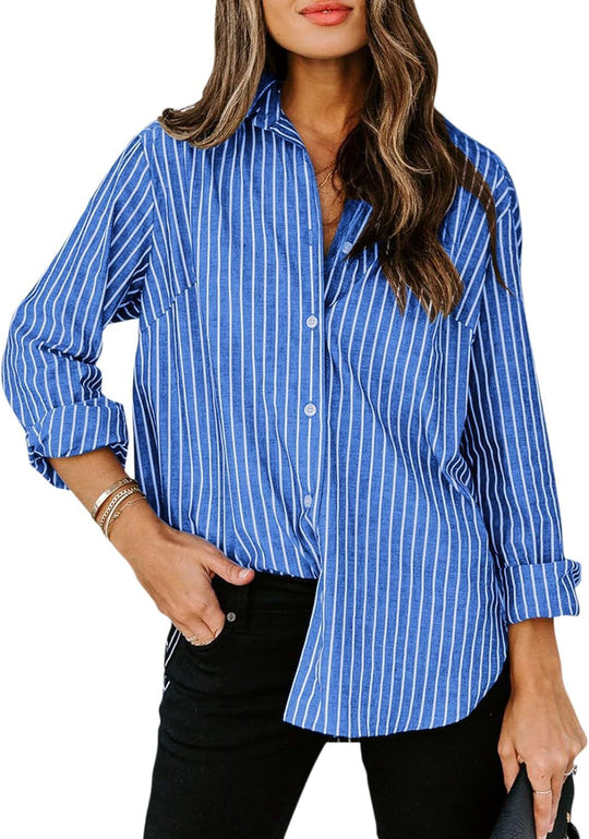 Damen gestreifte Bluse mit klassischem Kragen und lässigem Schnitt - Arvani