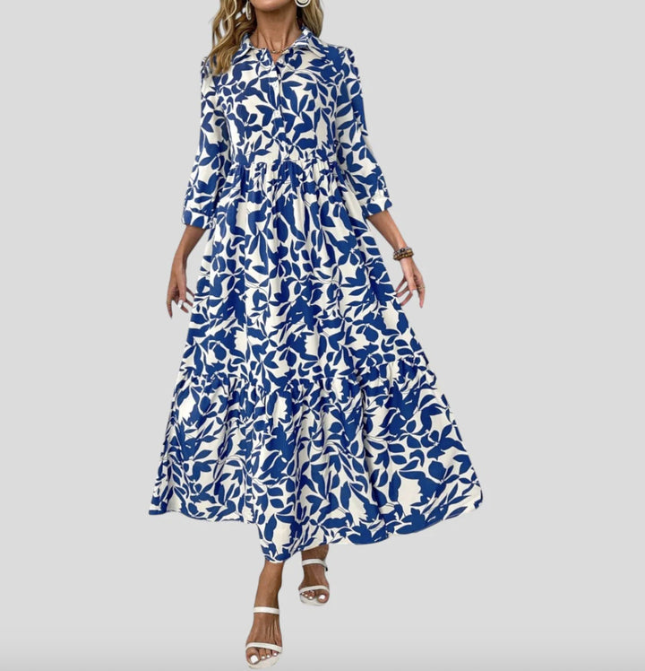 Damen Langarm Maxikleid mit modernen Streifenmuster und Taschen
