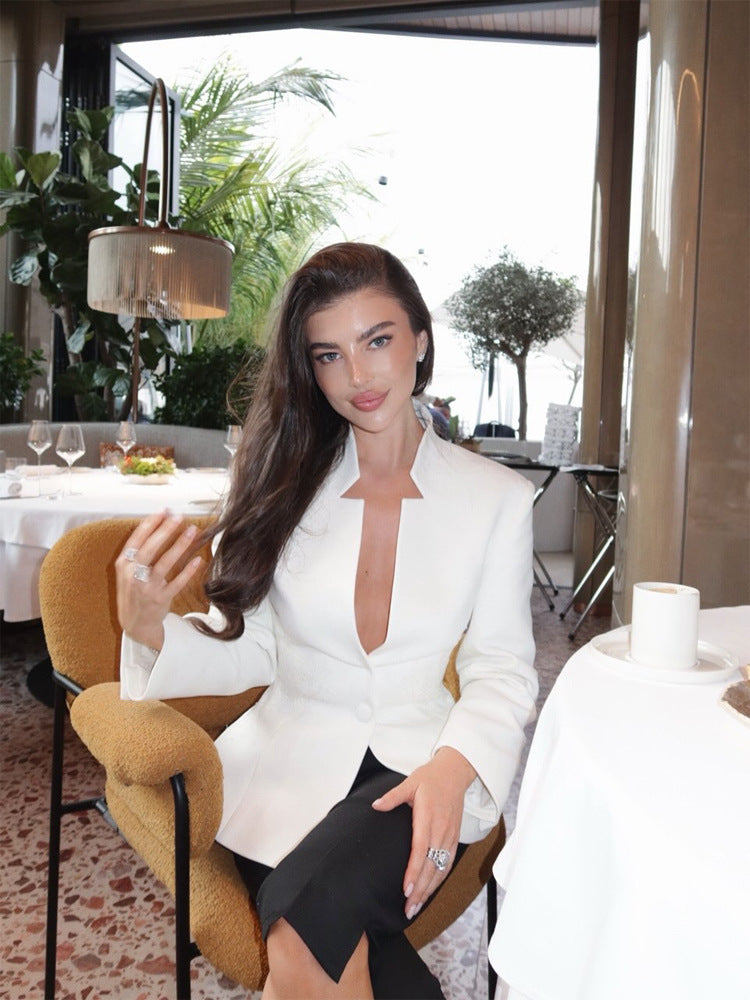 Damen Taillierter Einreihiger Blazer mit Stehkragen und tiefem V‑Ausschnitt Nord Taschen