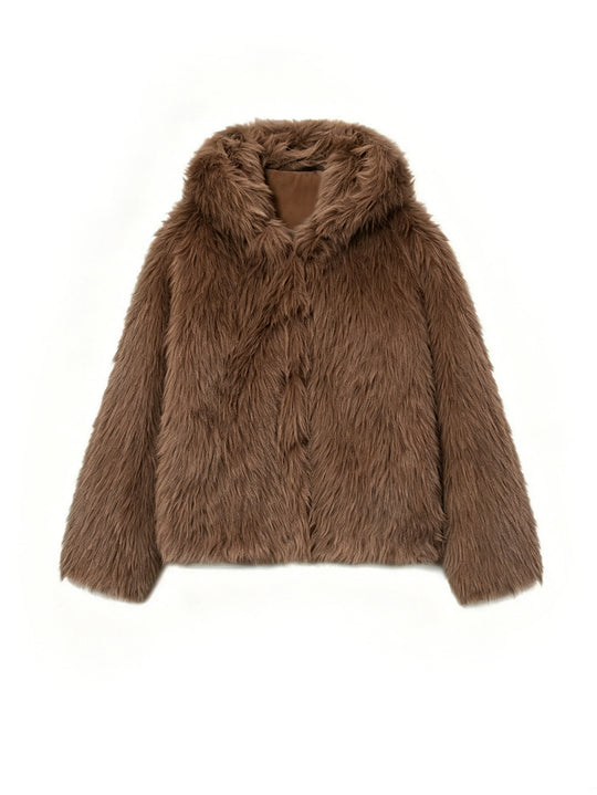 Damen Kurzblouson aus langfaserigem Shaggy‑Faux‑Fur mit hohem Schalkragen und klarer Boxy‑Silhouette Nord Taschen