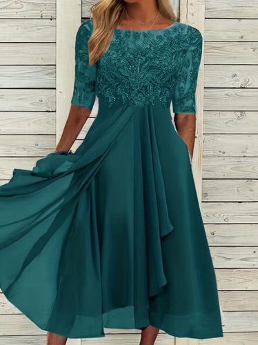 Damen nan elegantes Chiffon-Spitzenkleid mit Vokuhila-Überwurf und dreiviertelärmeln Arvani
