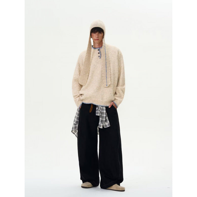 Herren Grobstrick-Henley-Pullover mit Bouclé-Optik und kontrastierten Bündchen Nord Taschen