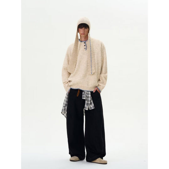 Herren Grobstrick-Henley-Pullover mit Bouclé-Optik und kontrastierten Bündchen Nord Taschen