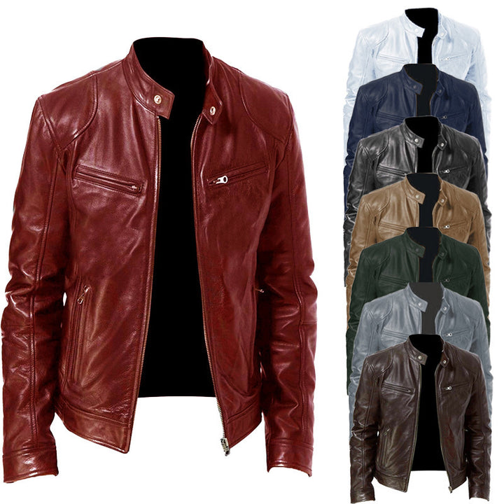Herren schlanke Echtleder-Bikerjacke mit Stehkragen, zwei Brust-Reißverschlusstaschen und geradliniger Silhouette Nord Taschen
