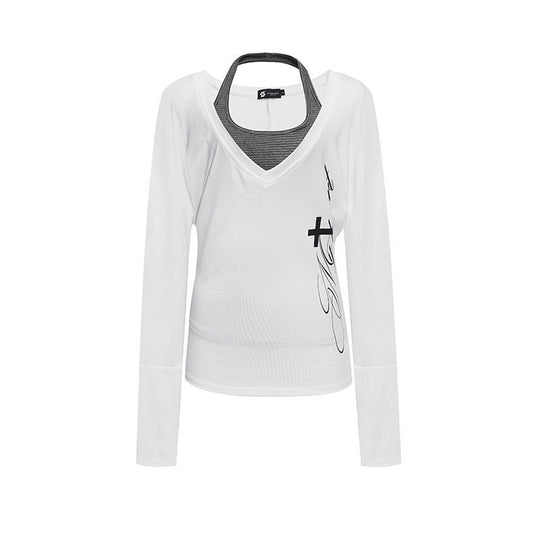 Damen Lagen-Langarmshirt mit tiefem V-Ausschnitt, Neckholder-Innenlayer und seitlichem Script-Print Nord Taschen