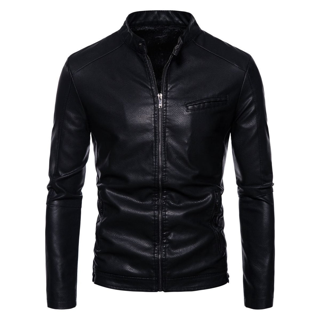Herren Schmale Kunstleder-Bikerjacke mit Stehkragen, Innenfutter aus Kunstfell und Reißverschlusstaschen Nord Taschen