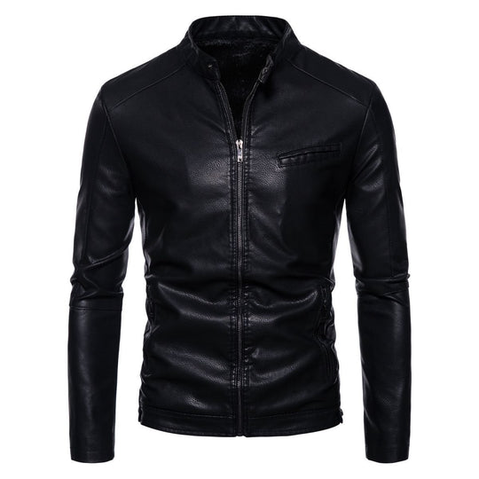 Herren Schmale Kunstleder-Bikerjacke mit Stehkragen, Innenfutter aus Kunstfell und Reißverschlusstaschen Nord Taschen