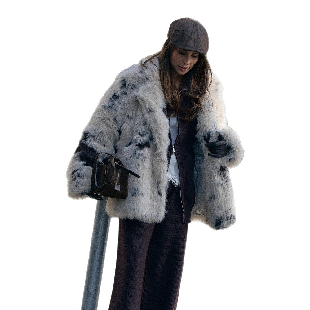 Damen Gefleckter Kunstfell-Mantel im Oversize-Schnitt mit voluminösem Schalkragen Nord Taschen