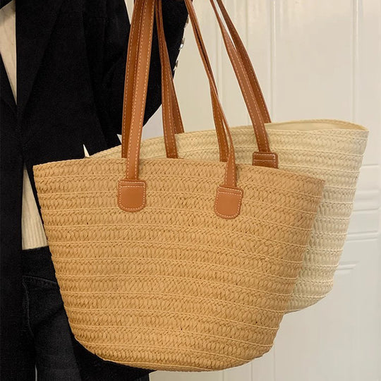 Damen geflochtene Strandtasche mit eleganten Ledergriffen und geräumigem Innenraum Nord Taschen