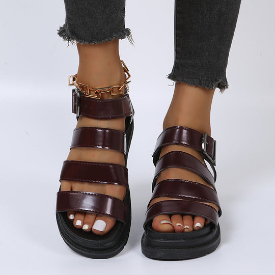 Damen  komfortable Gladiator‑Sandale mit extra gedämpftem Komfortfußbett, vier breiten Riemen und verstellbarer Metallschnalle Nord Taschen