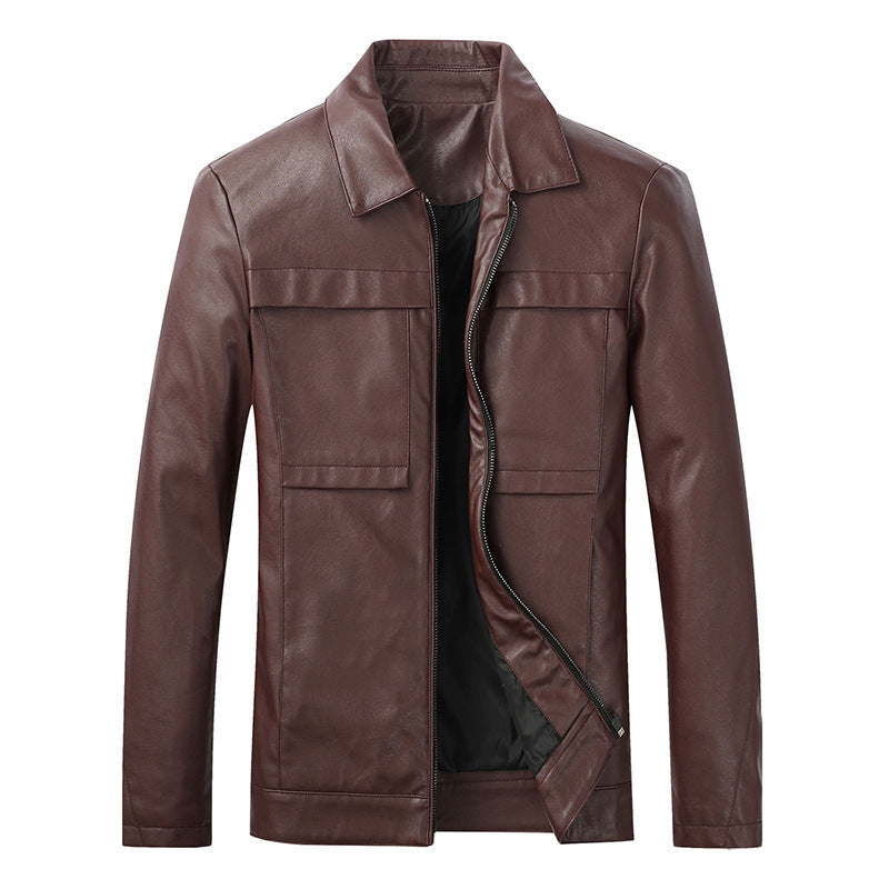 Herren Slim‑Fit Lederoptik-Truckerjacke mit Hemdkragen, verdecktem Reißverschluss und Pattentaschen Nord Taschen