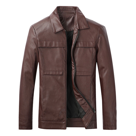 Herren Slim‑Fit Lederoptik-Truckerjacke mit Hemdkragen, verdecktem Reißverschluss und Pattentaschen Nord Taschen