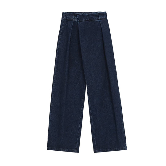 Damen Weite High-Waist Plissierte Denim-Hose mit Bügelfalte Nord Taschen