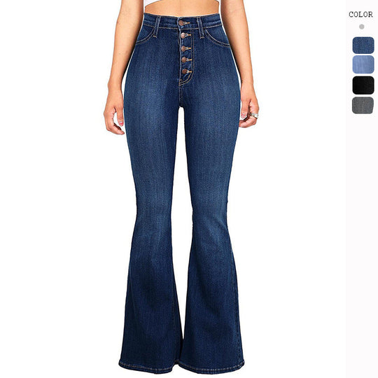 Damen High-Waist Flared Jeans mit dekorativen Knopfdetails und elastischem Bund Nord Taschen