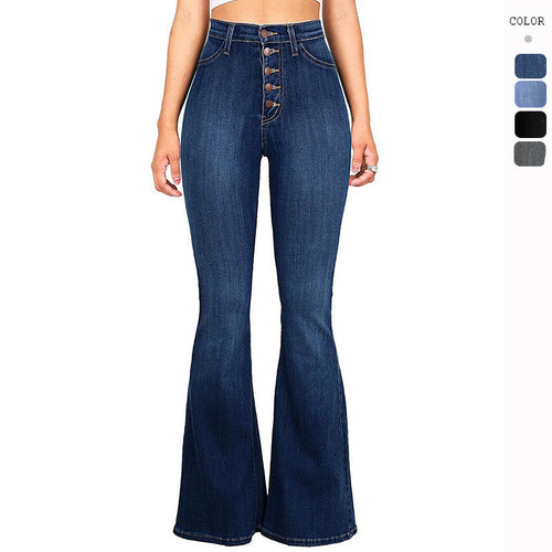 Damen High-Waist Flared Jeans mit dekorativen Knopfdetails und elastischem Bund Nord Taschen