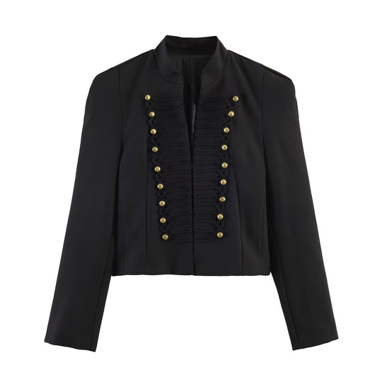 Damen Kurzgeschnittener militärinspirierter Blazer mit Stehkragen und Zierkordel-Front Nord Taschen