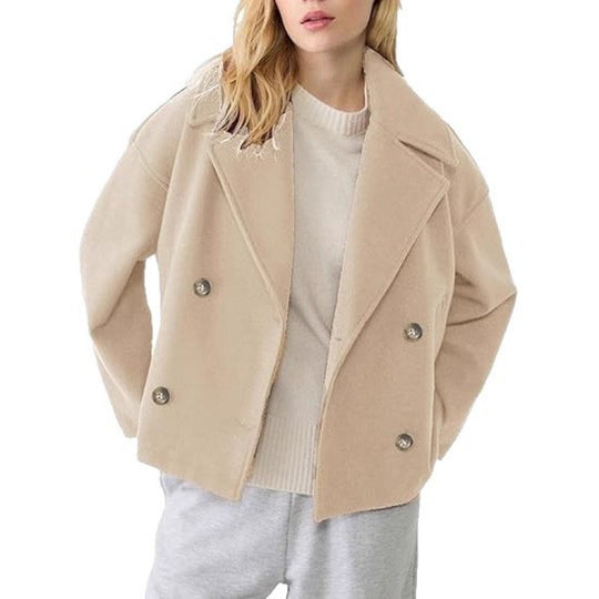Damen Kurzer Zweireihiger Wollmix-Peacoat mit übergroßem Revers Nord Taschen