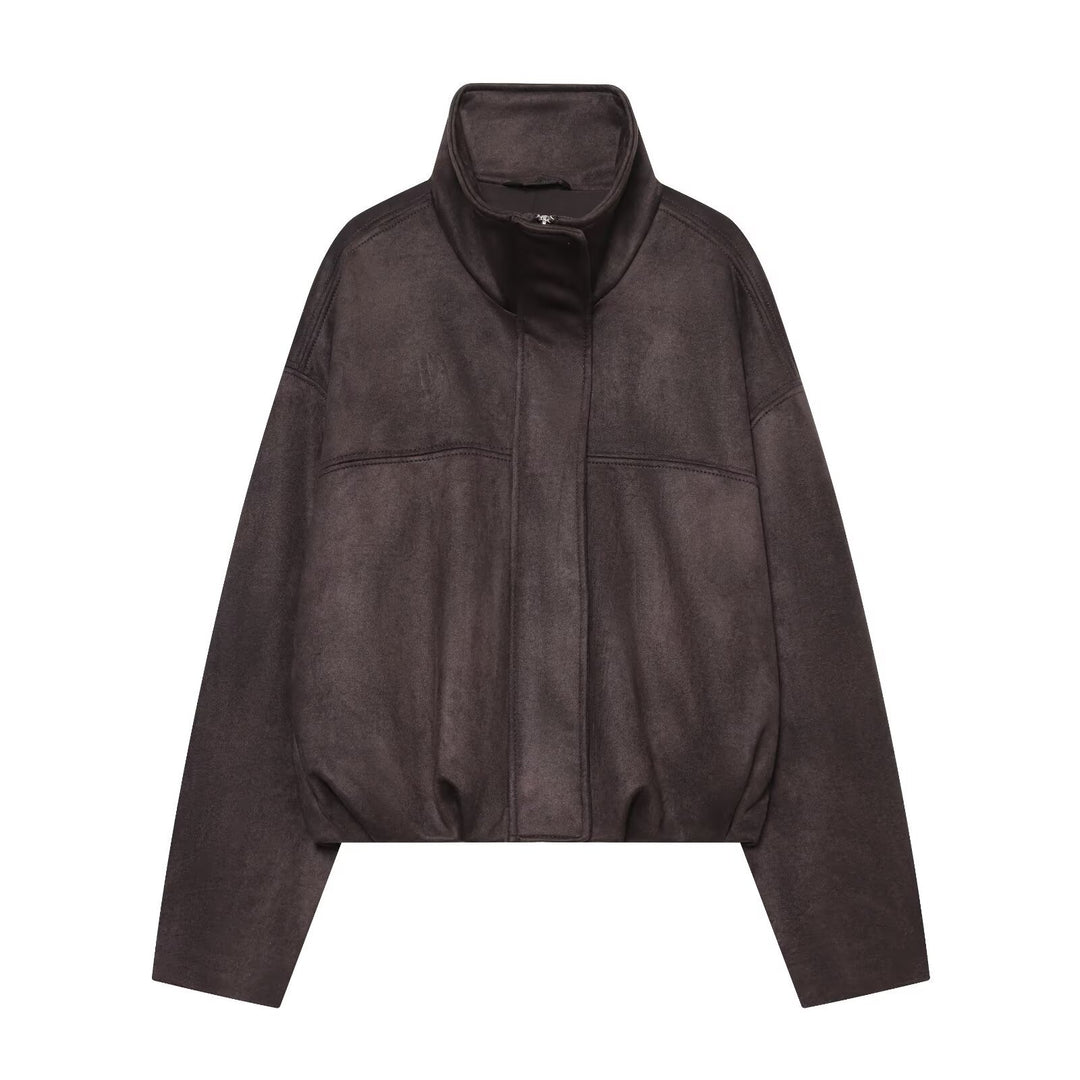 Damen Kurzblouson aus Velours‑Optik mit hohem Funnelkragen und elastischem Saum Nord Taschen