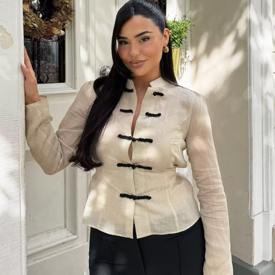 Damen Kurzjacke mit Stehkragen, chinesischen Kordelverschlüssen und Nadelstreifen Nord Taschen