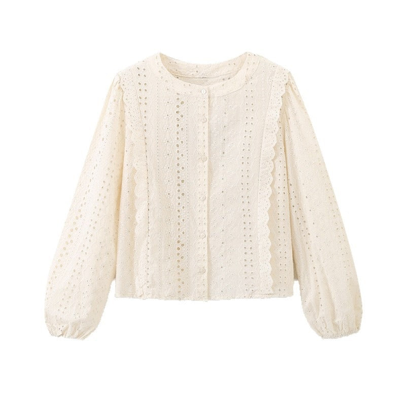 Damen Broderie Anglaise Baumwollbluse mit Rüschenbesatz und Ballonärmeln Nord Taschen