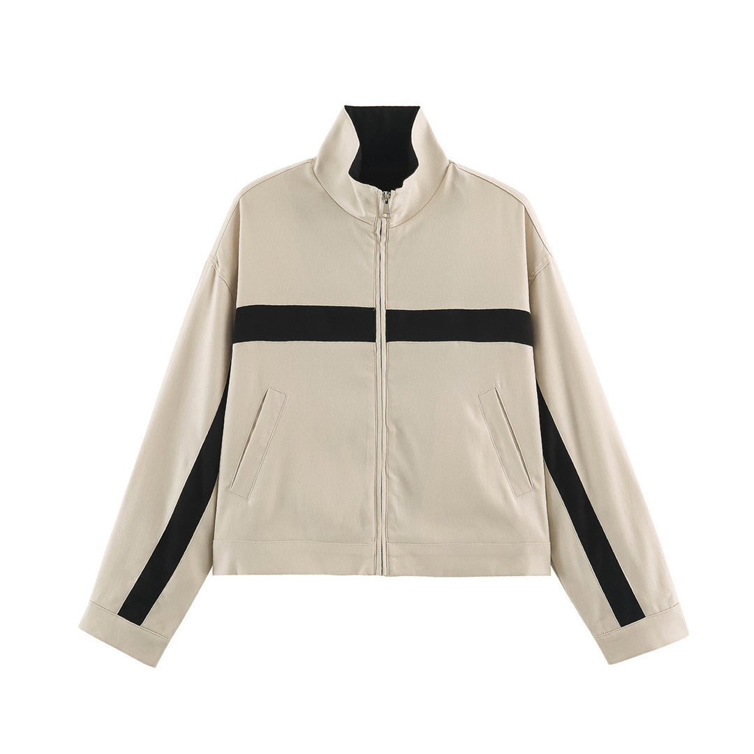 Damen Cropped Boxy-Trackjacke mit Stehkragen und Kontraststreifen Nord Taschen